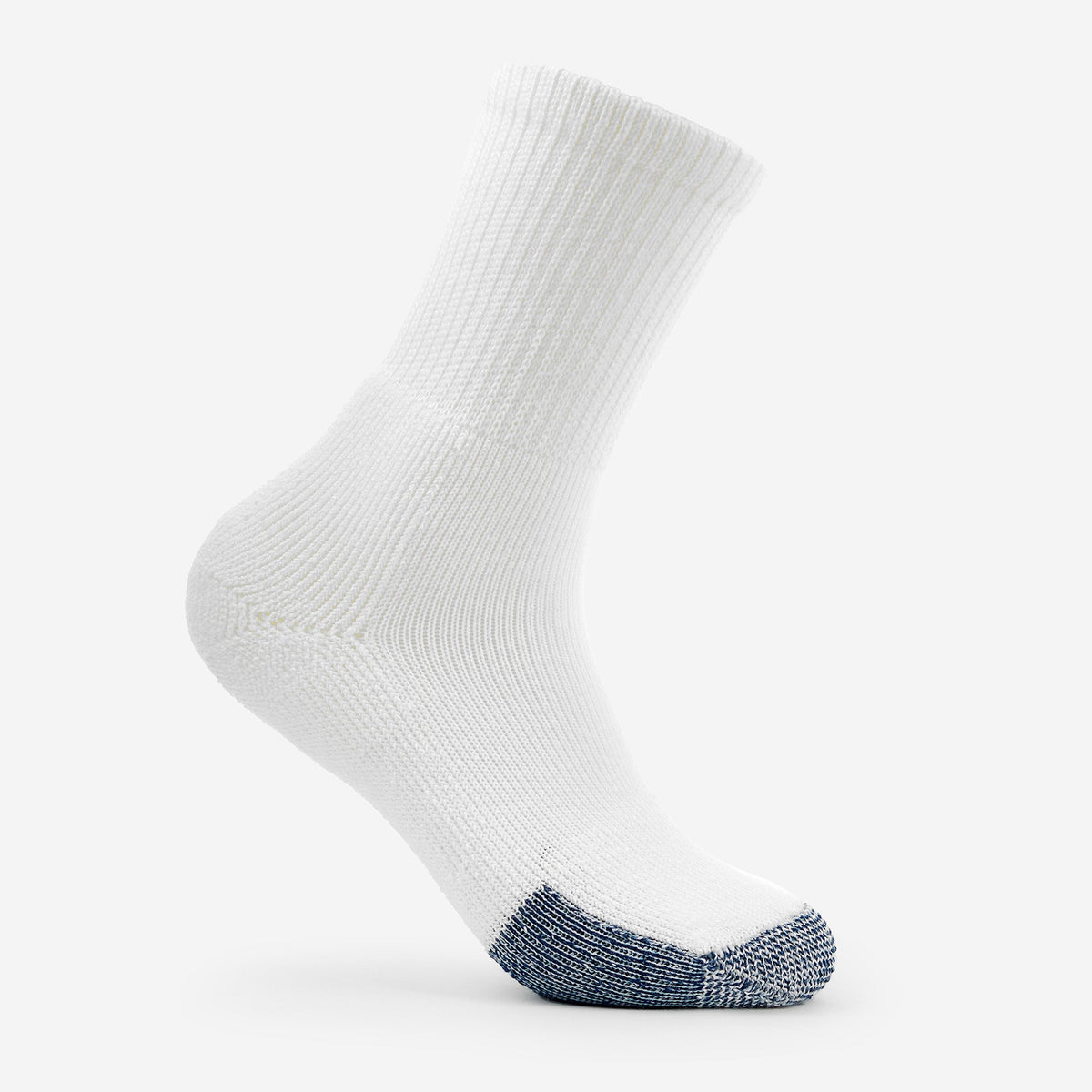 Thorlos Basketball Thick Cushion Crew sock in white with navy blue toe
