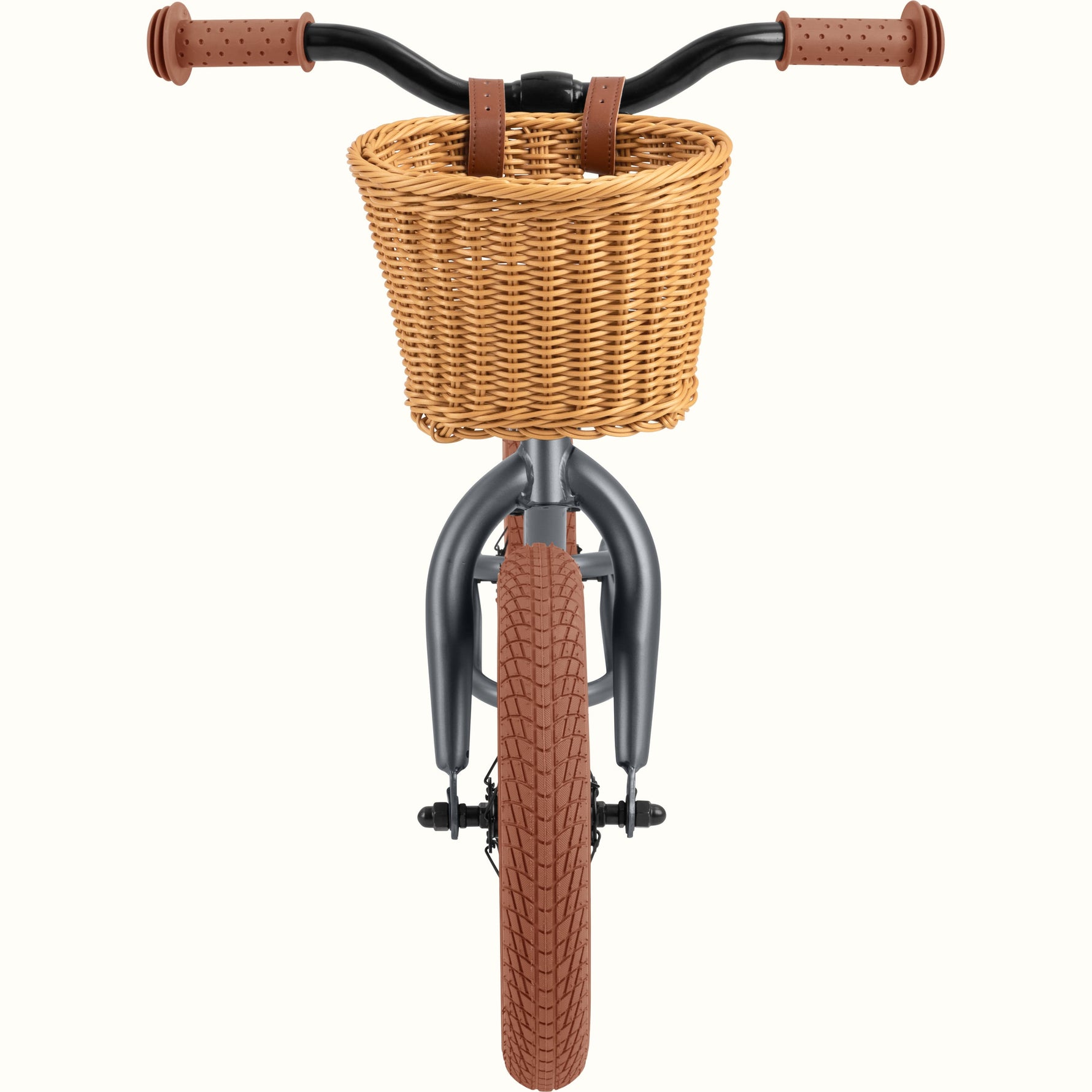 Retrospec Baby Beaumont 12-inch balance bike in graphite matte with wicker basket, front view