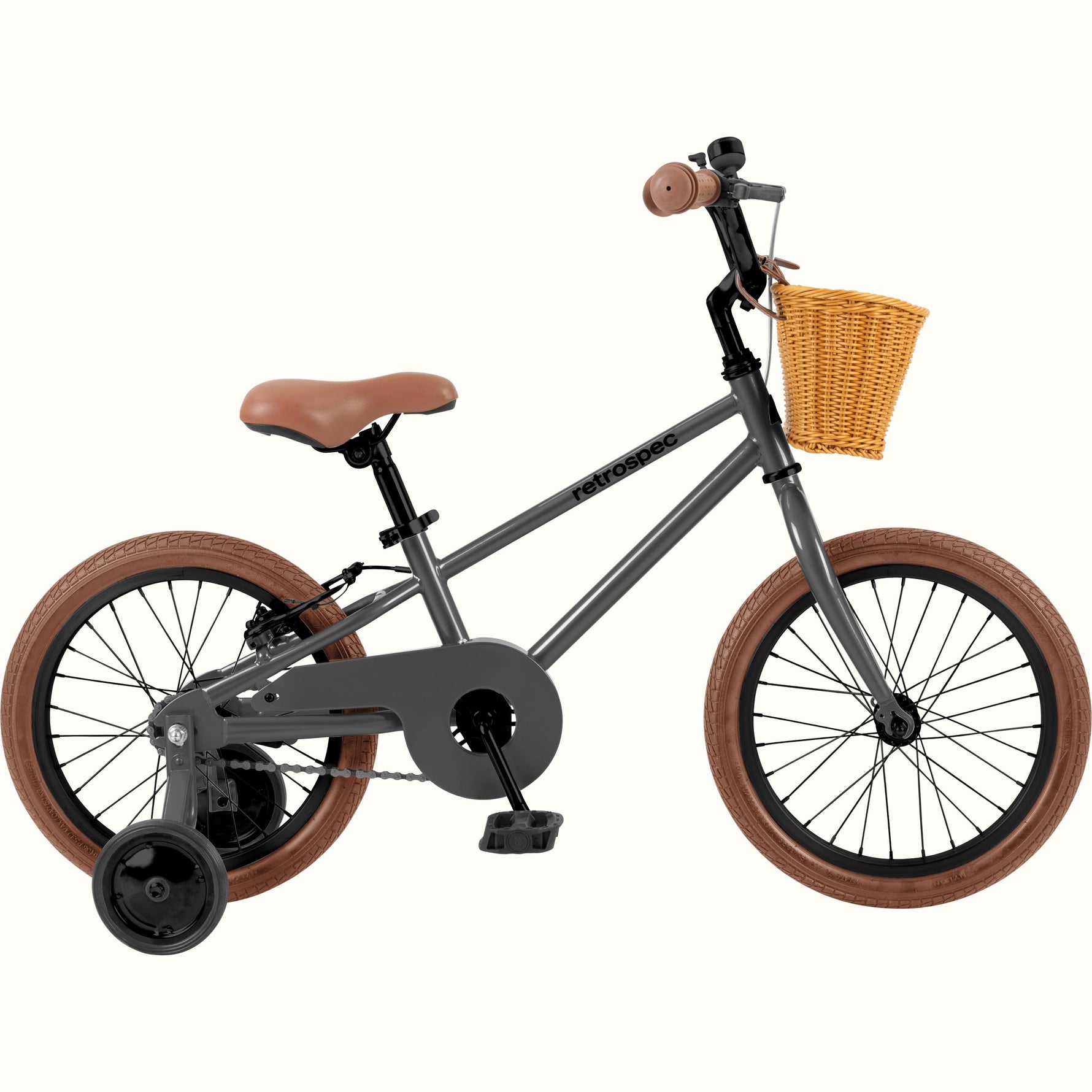 Retrospec Beaumont Mini 16-inch kids bike in matte graphite with training wheels and wicker basket