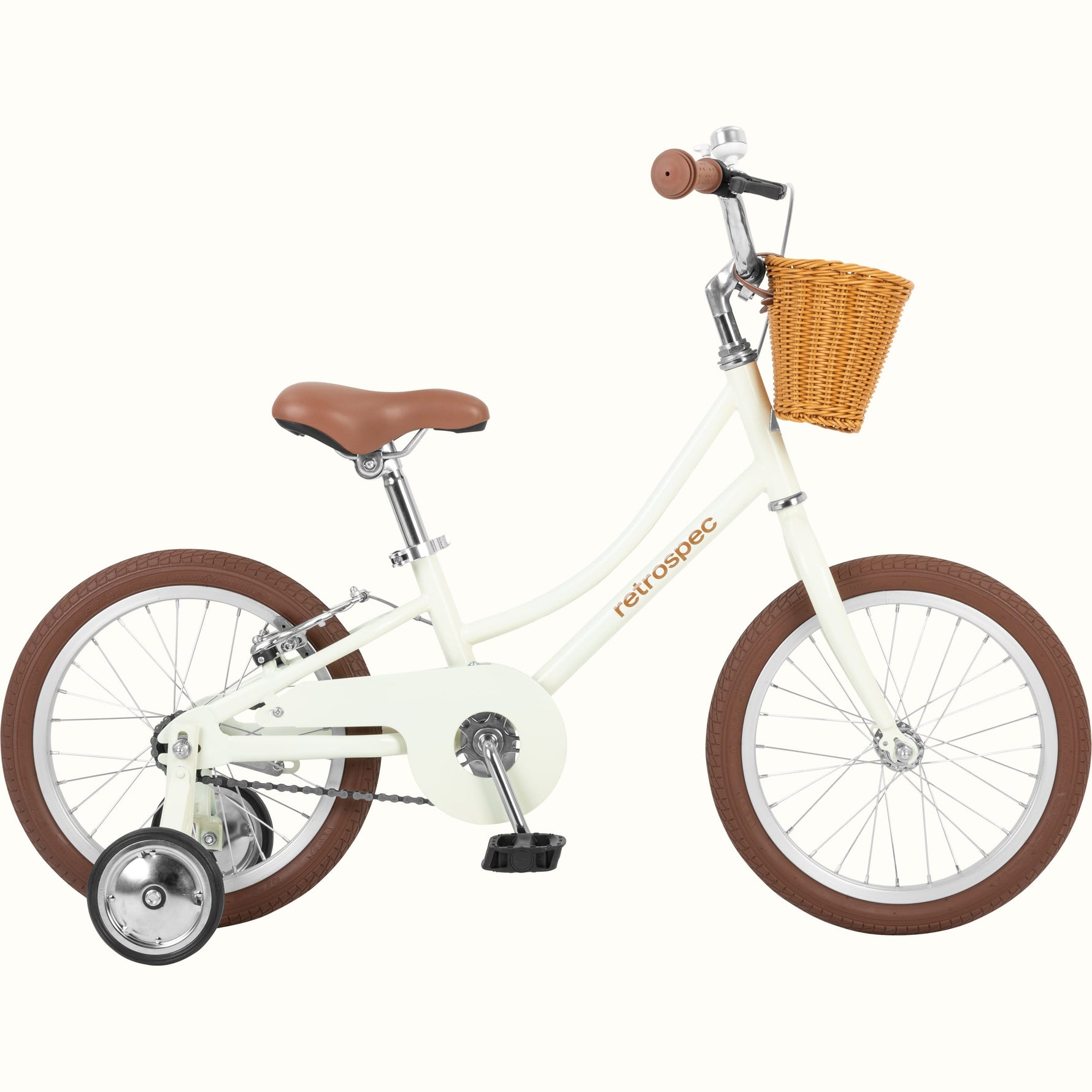 Retrospec Beaumont Mini 16-inch kids bike in eggshell white with wicker basket and training wheels