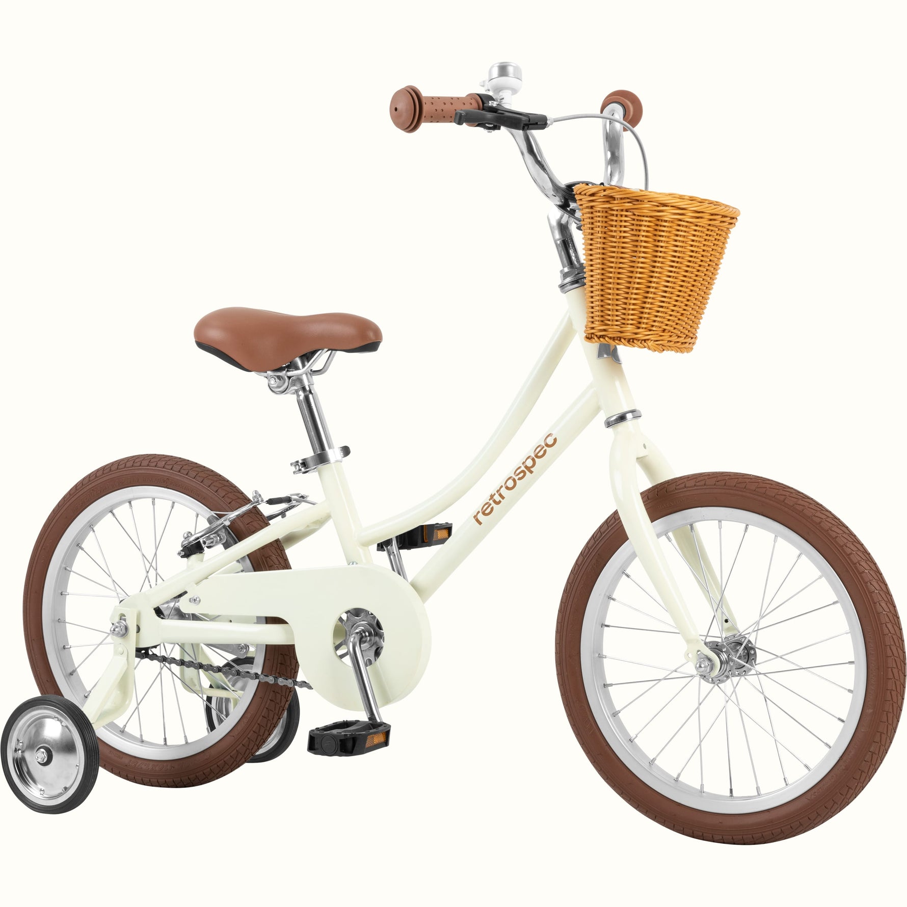 Retrospec Beaumont Mini 16-inch kids bike in eggshell gloss with wicker basket and training wheels