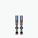 Pair of Muc-Off tubeless presta valves with rainbow iridescent coating on white background