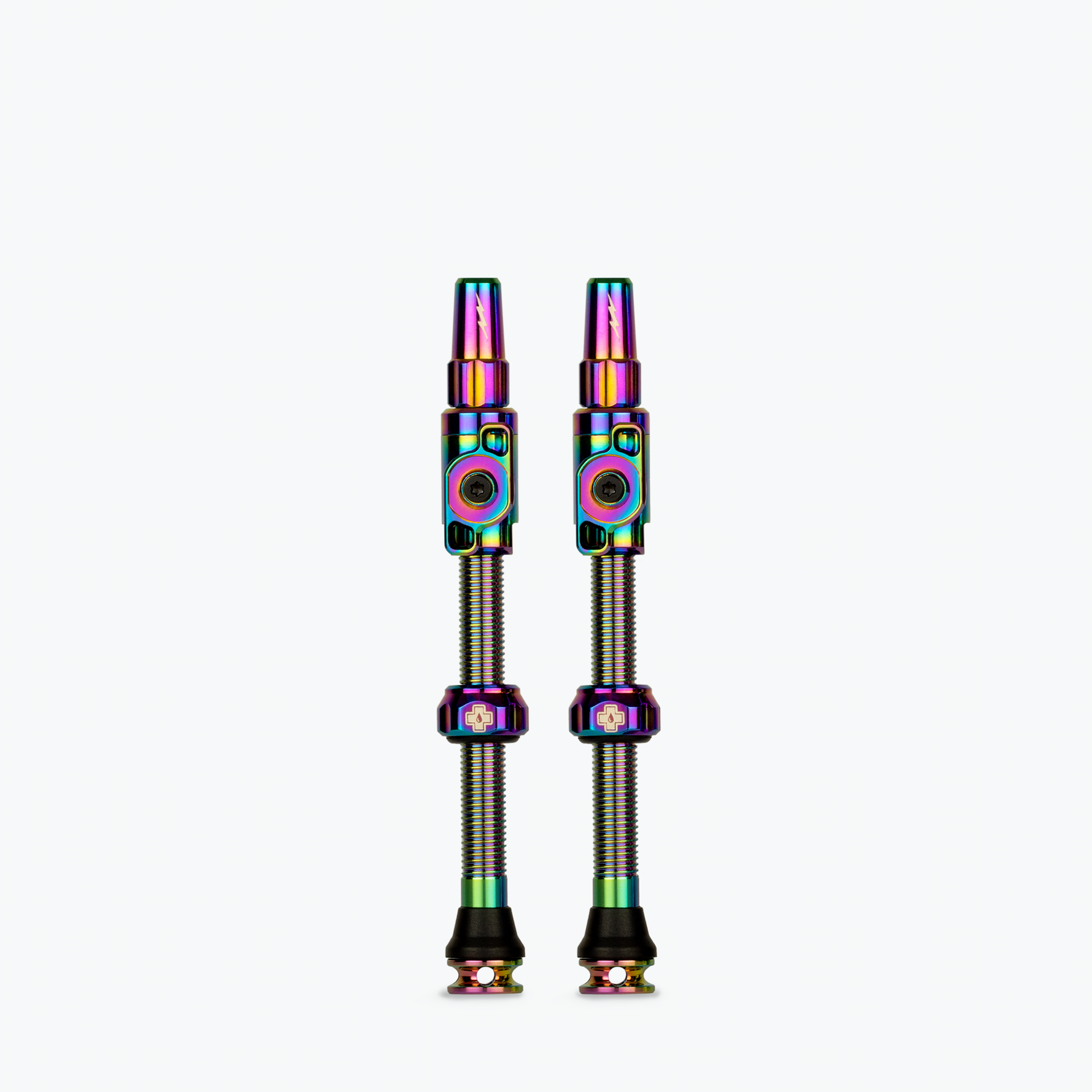 Muc-Off Big Bore Lite Tubeless Presta Valves with rainbow anodized finish