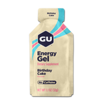 GU Energy Gel Birthday Cake flavor packet with rainbow stripes design