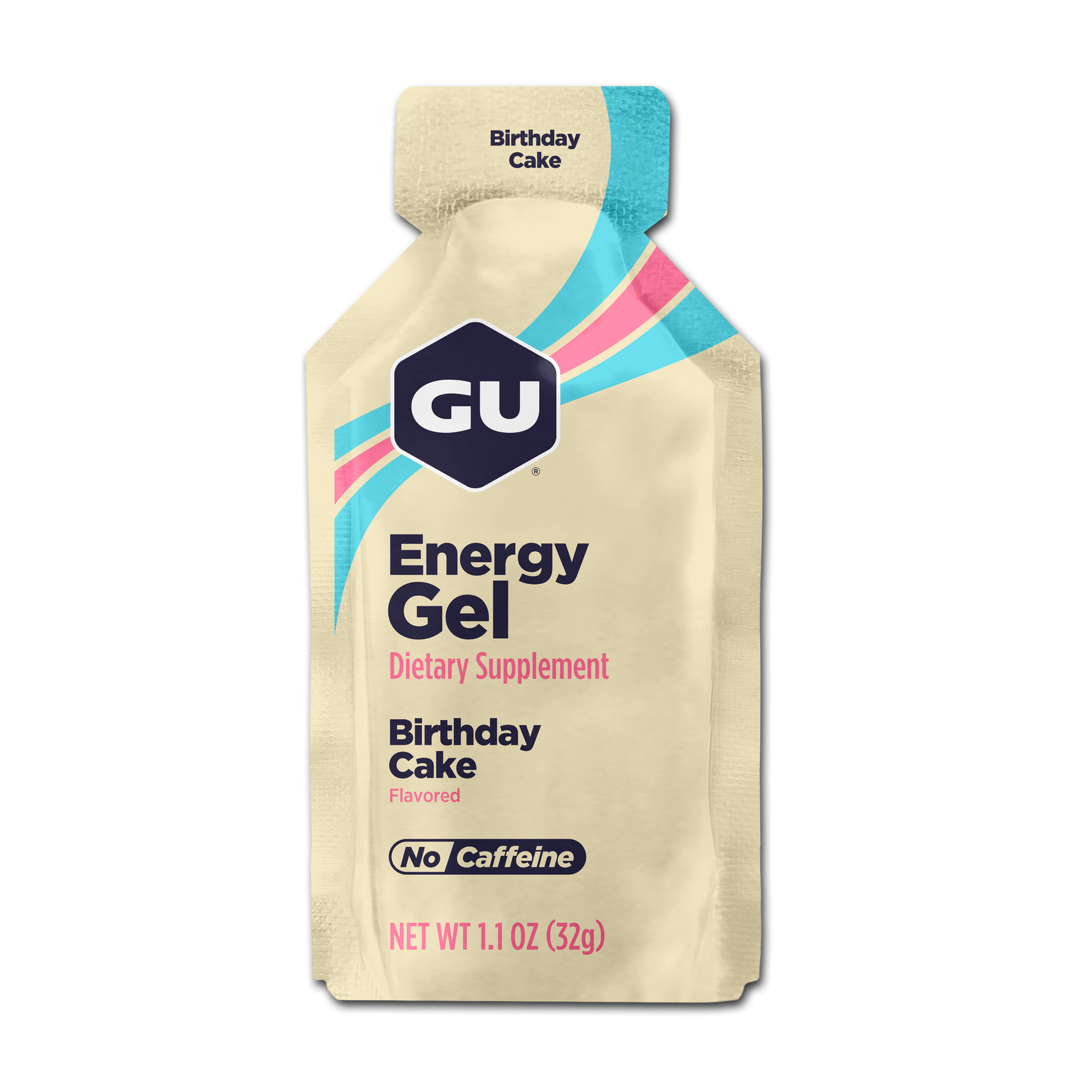 GU Energy Gel Birthday Cake flavor packet with rainbow stripes design