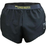 Black ChicknLegs men's 2-inch split running shorts with yellow waistband logo