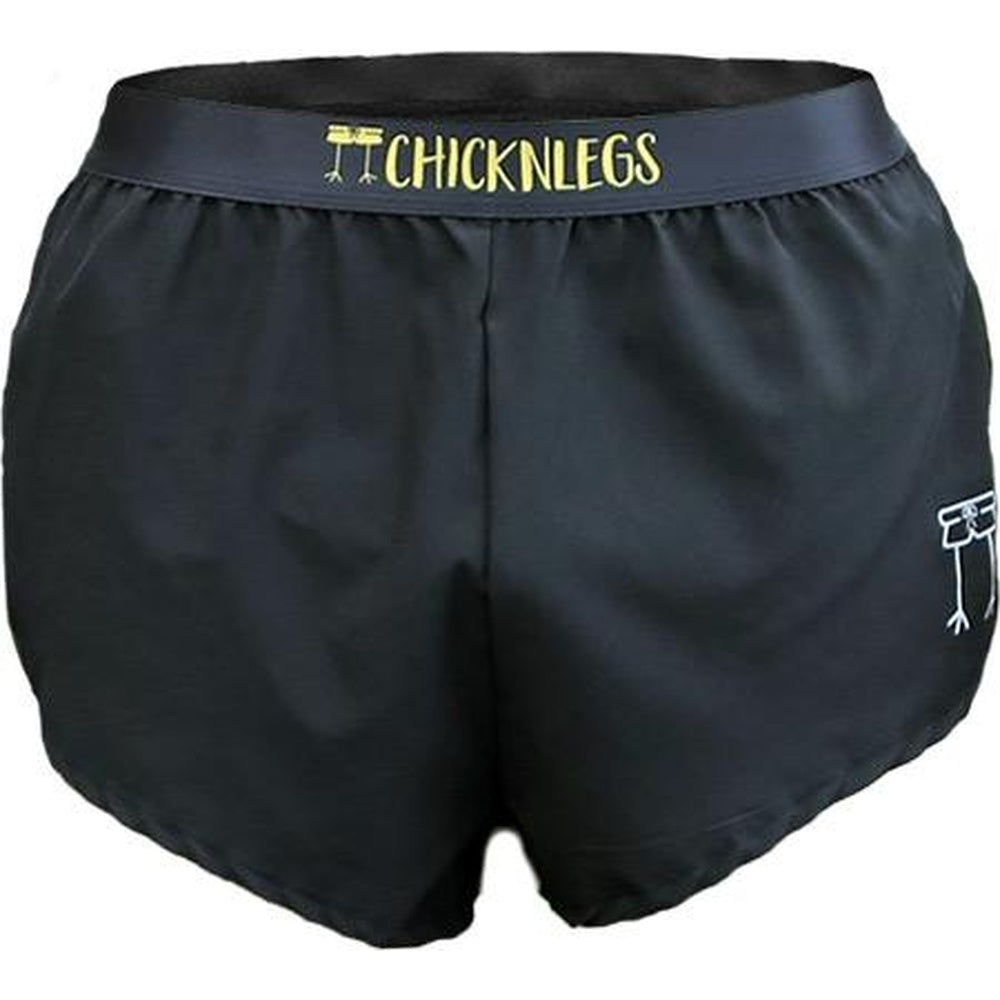 Black ChicknLegs men's 2-inch split running shorts with yellow waistband logo