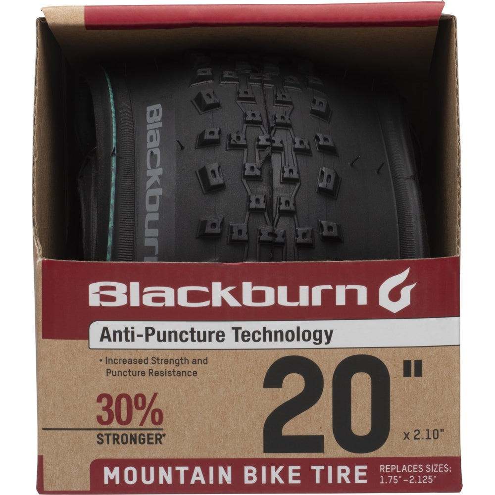 Blackburn 20x2.10 black mountain bike tire with anti-puncture technology in retail packaging