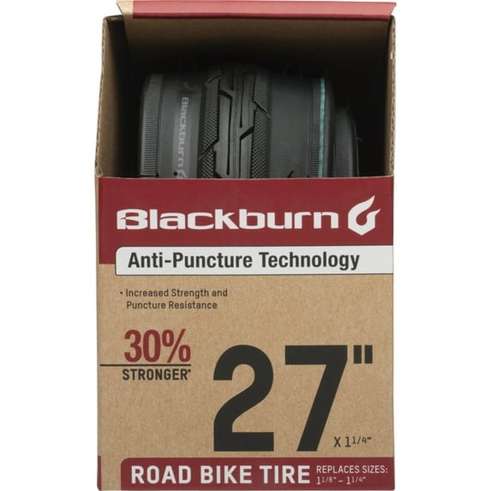 Blackburn 27 inch road bike tire with anti-puncture technology in retail packaging