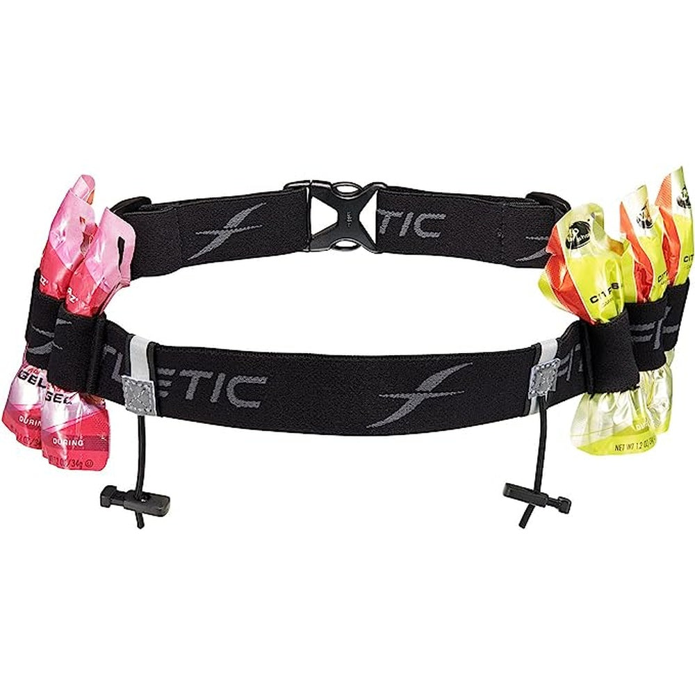 Fitletic Race II Number Belt in black with energy gel pockets on clean white background