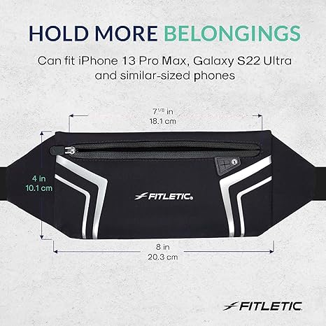 Fitletic Blitz black running belt with dimensions shown, fits iPhone 13 Pro Max