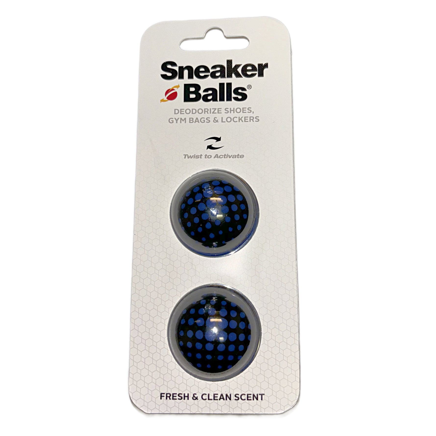 Sneaker Balls shoe deodorizers package with two blue polka dot balls