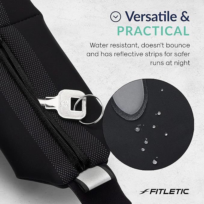 Close-up of black Fitletic Bolt running belt showing water-resistant material and key clip detail
