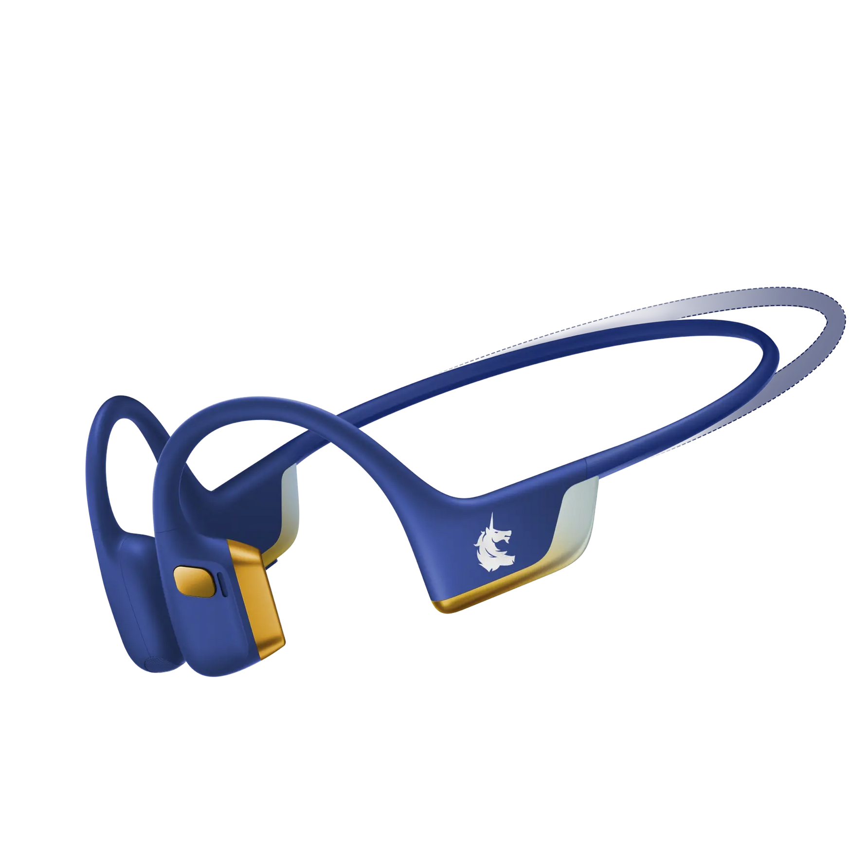 Blue Shokz OpenRun Pro 2 bone conduction headphones with gold accents on white background