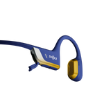 Shokz bone conduction headphones in blue with yellow speaker elements on white background