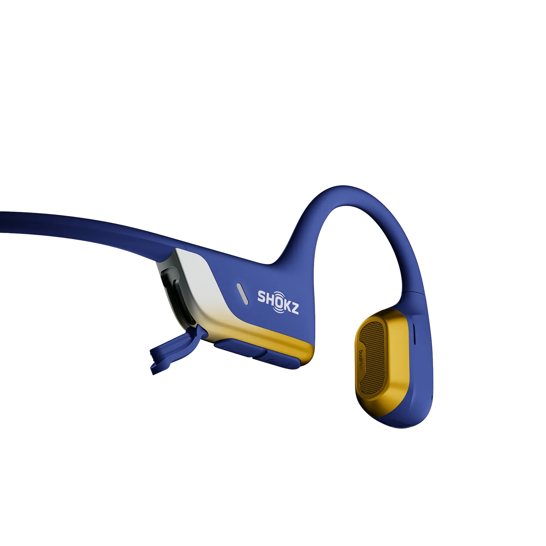 Shokz bone conduction headphones in blue with yellow speaker elements on white background