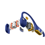 Shokz bone conduction headphones exploded view showing internal components and blue exterior design