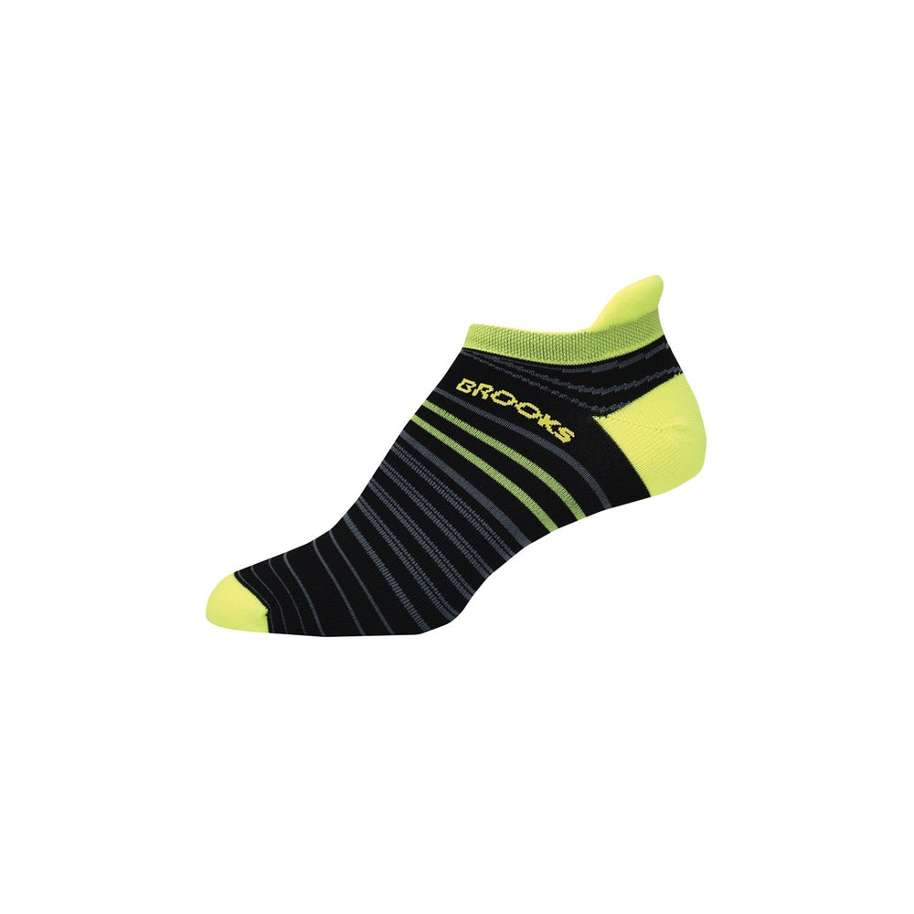 Brooks Launch Lightweight Tab running sock in black with neon yellow accents and gray stripes