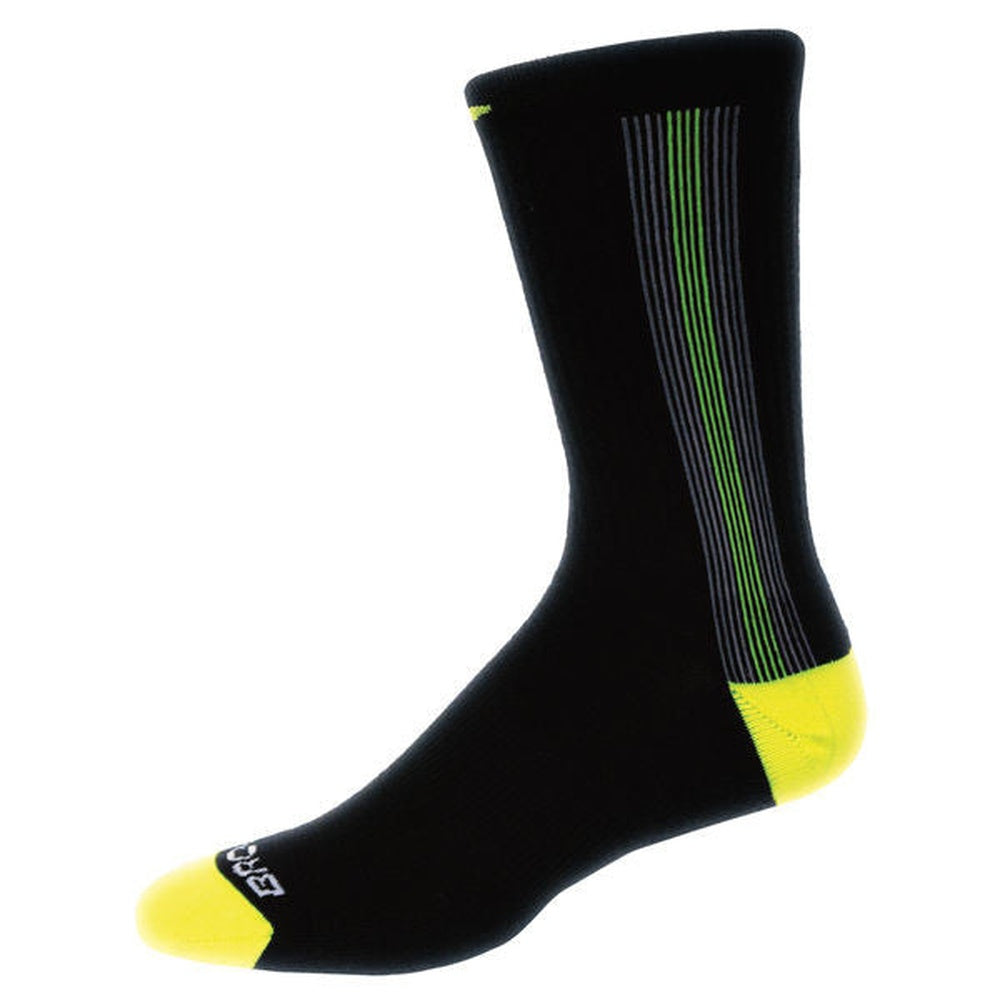 Brooks Surge running sock in black with yellow accents and vertical stripe pattern