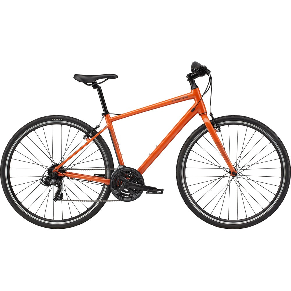 Orange Cannondale Quick 6 hybrid bike with black components on white background