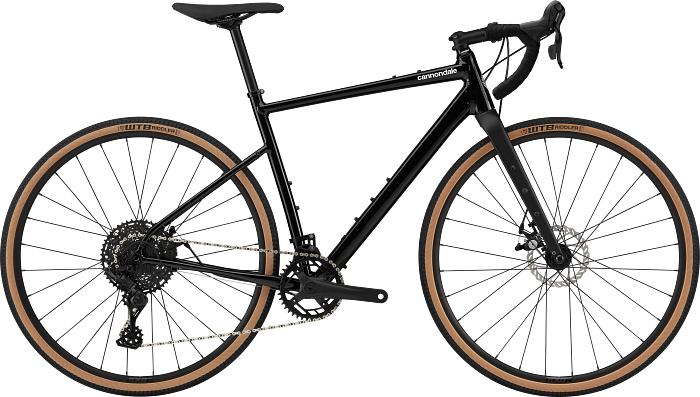 Cannondale Topstone 4 black gravel bike with tan sidewall tires on white background