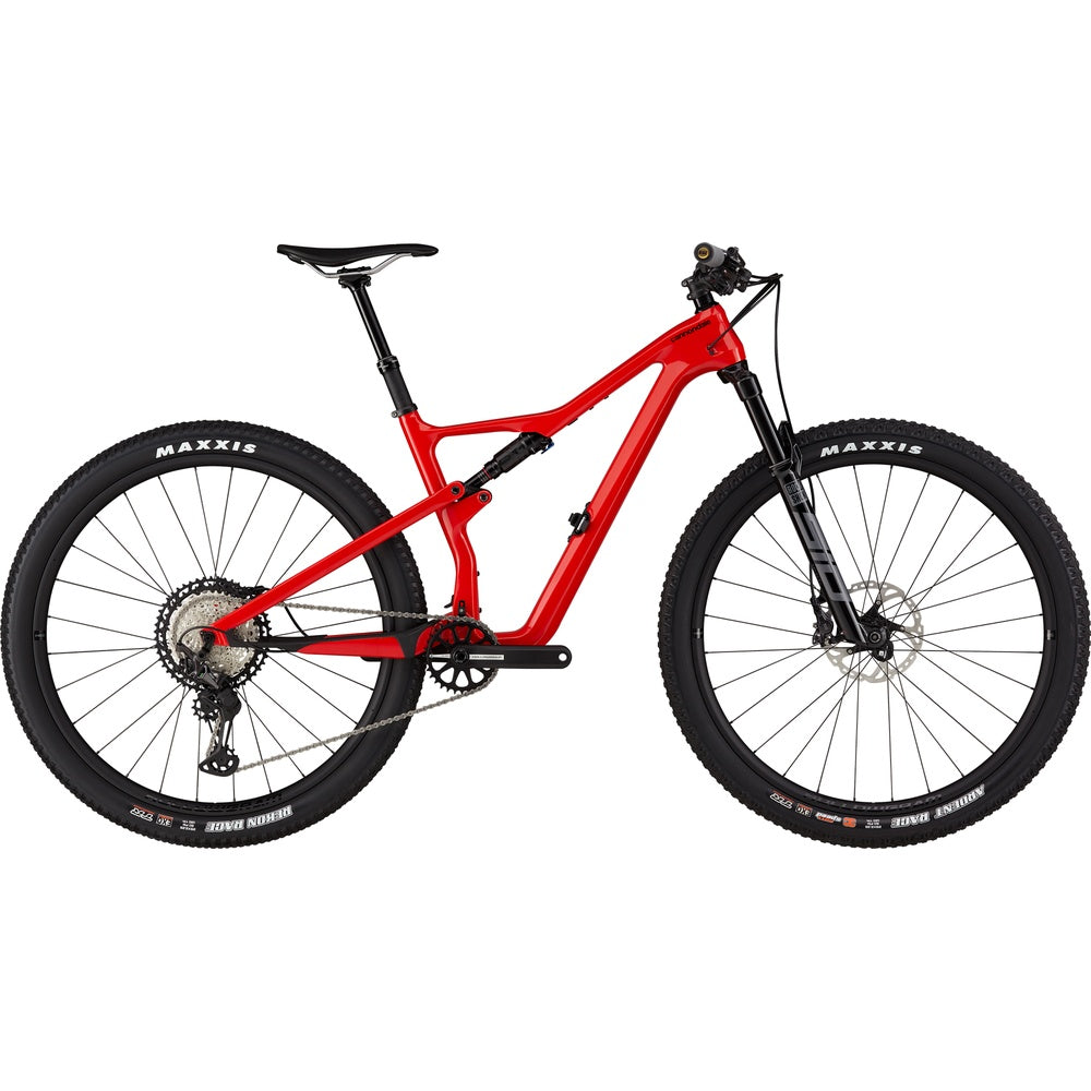 Red Cannondale Scalpel carbon full suspension mountain bike with Maxxis tires
