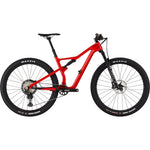 Red Cannondale Scalpel carbon full suspension mountain bike with Maxxis tires