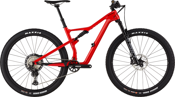 Red Cannondale Scalpel full suspension mountain bike with 29-inch wheels