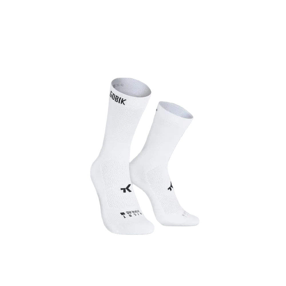 White Gobik Icon cycling socks with black logo and textured grip zones