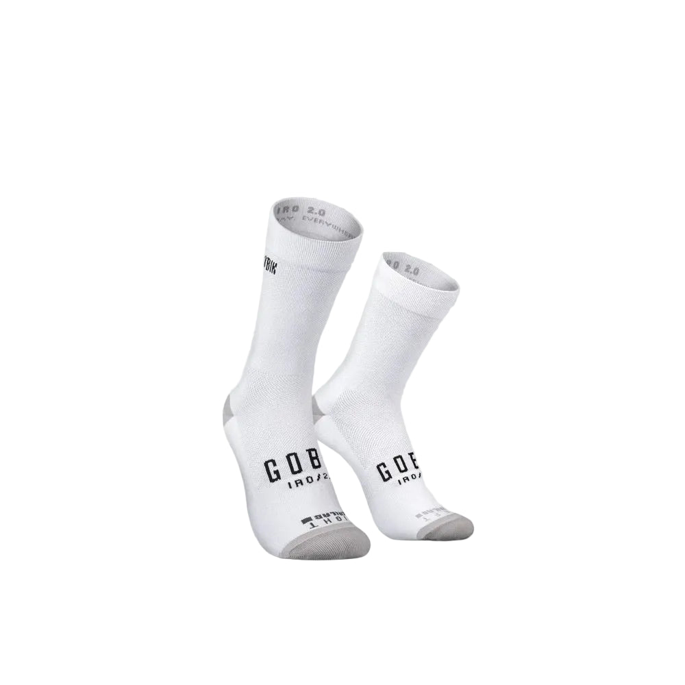White Gobik Iro 2.0 cycling socks with black logo branding