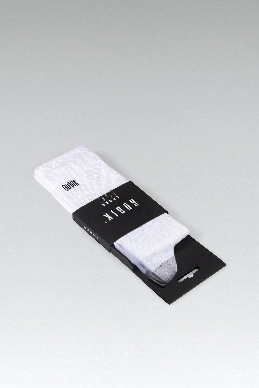 Gobik Iro 2.0 white socks with black logo in professional packaging