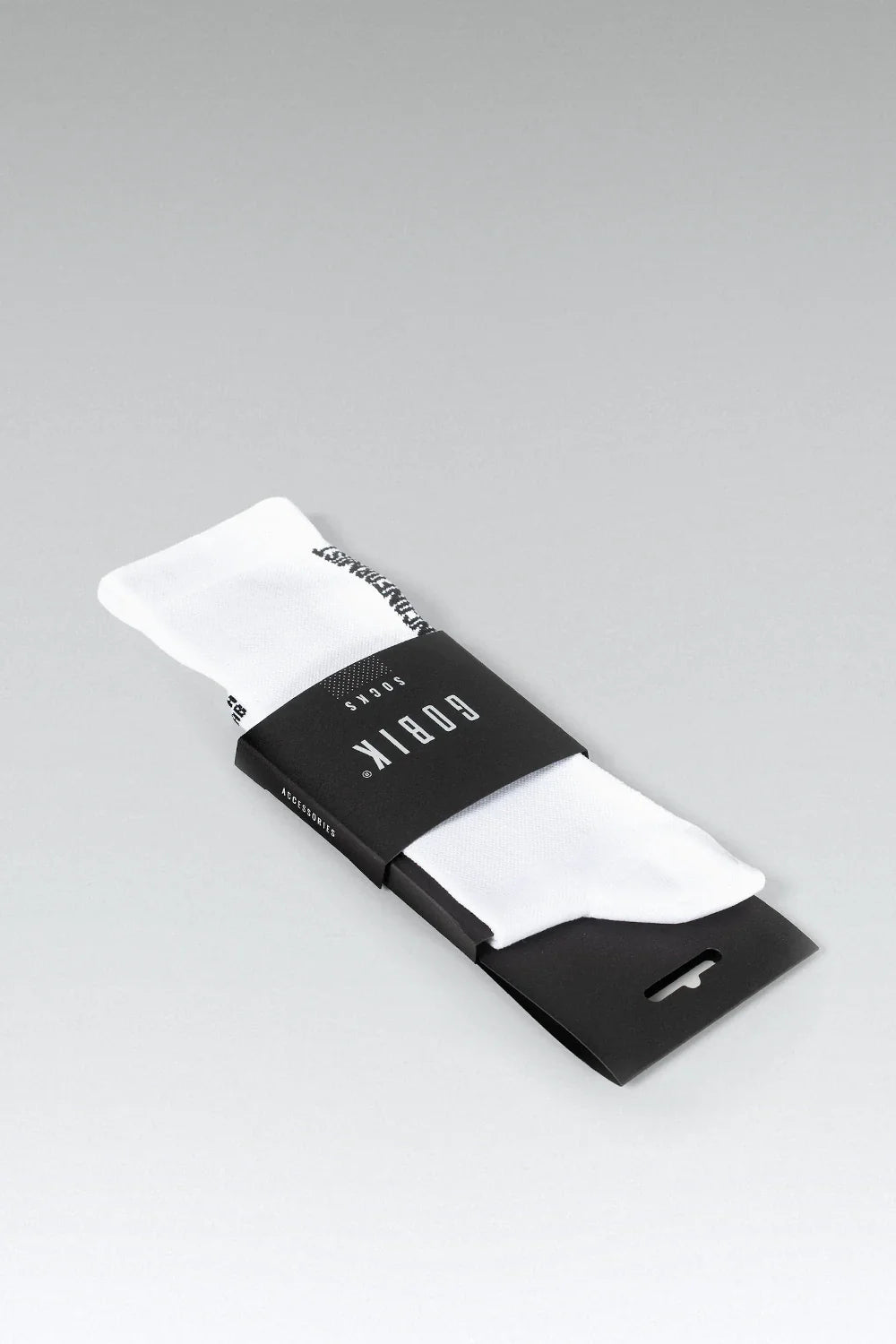 Gobik Superb Extra Long Unisex socks in Axis colorway, white with black detailing and packaging