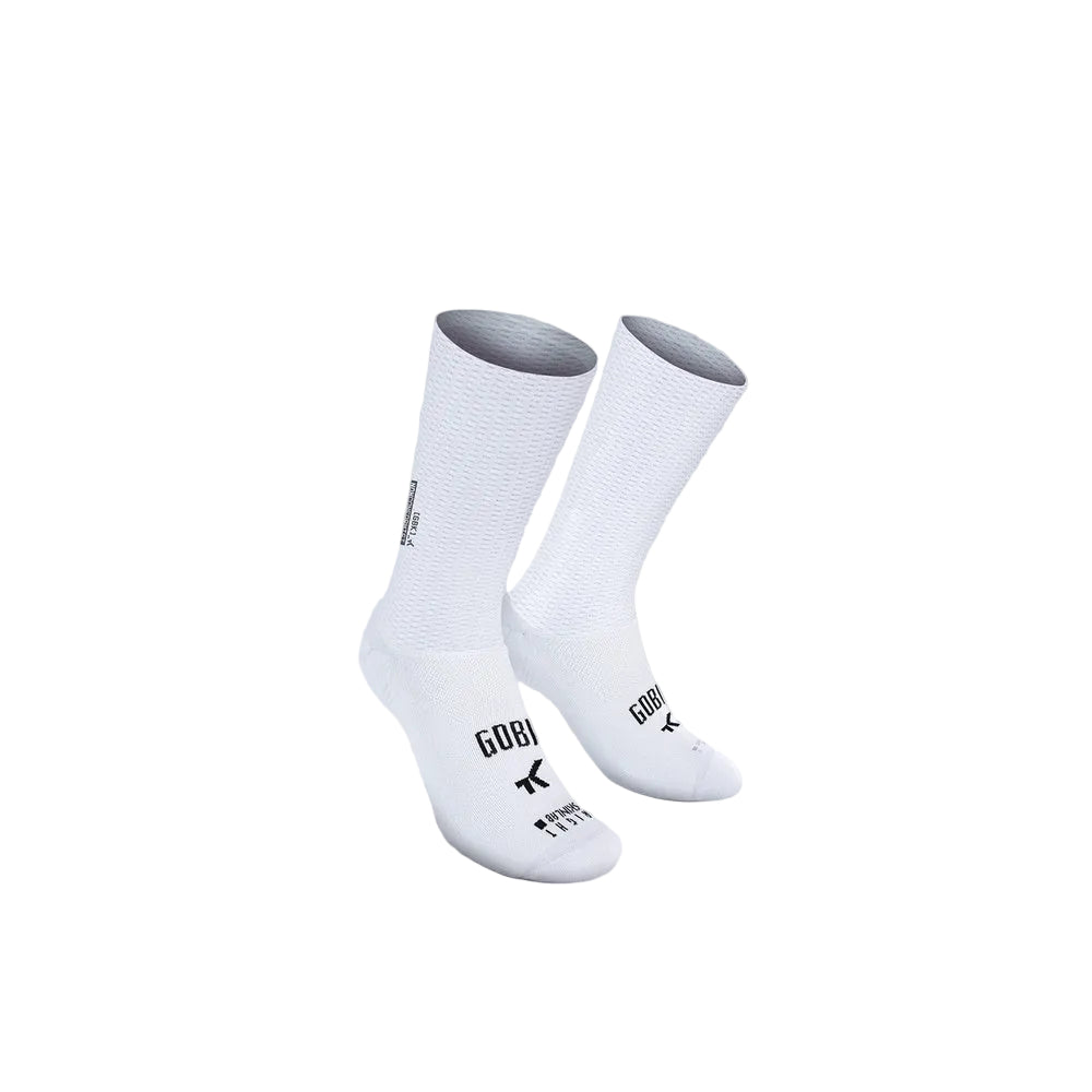 White Gobik Vortex 2.0 cycling socks with textured upper and branded foot section