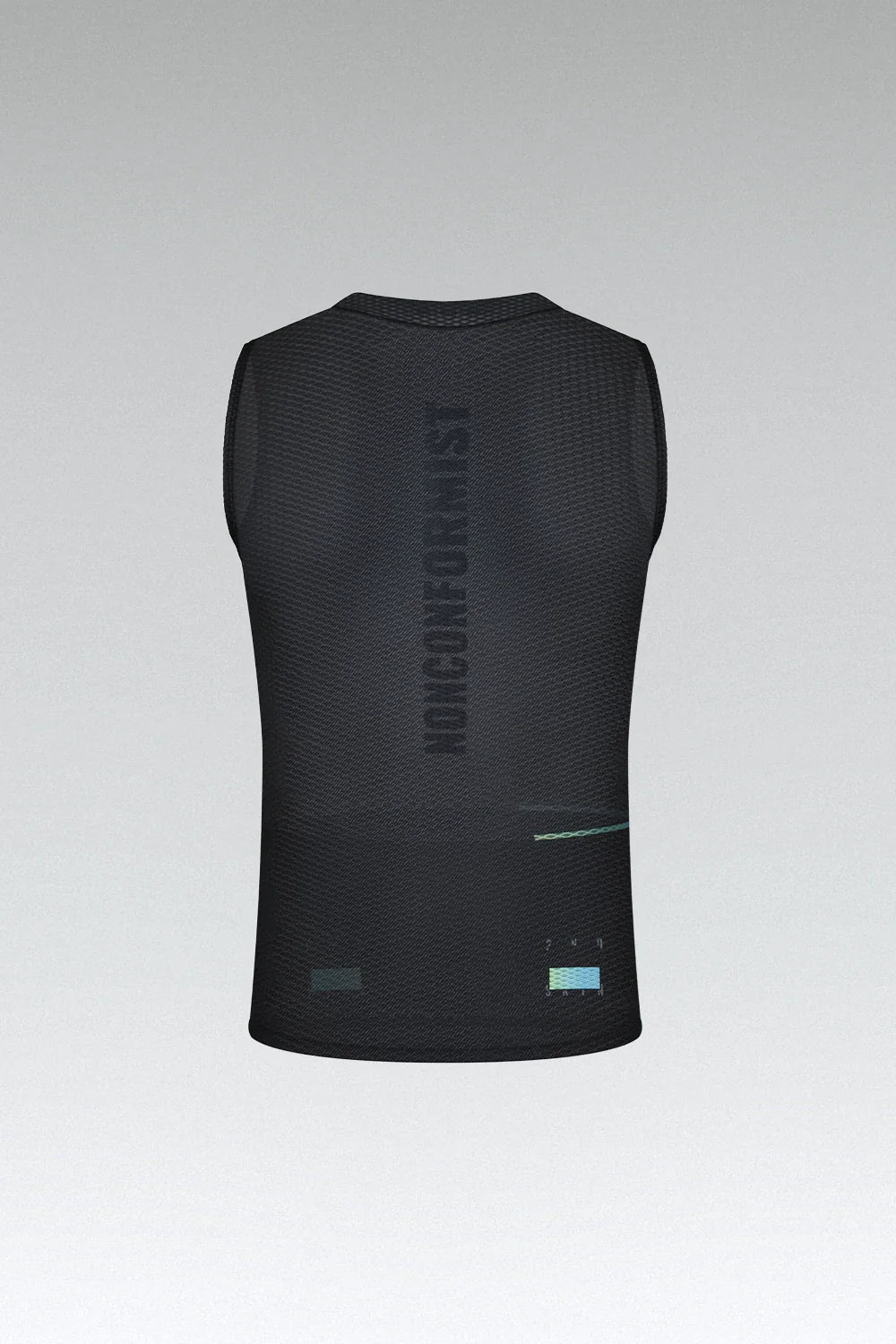 Gobik men's black sleeveless base layer with textured fabric and spine design