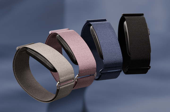 Garmin CIRQA Smart Band in four colors: beige, mauve, navy, and black floating display