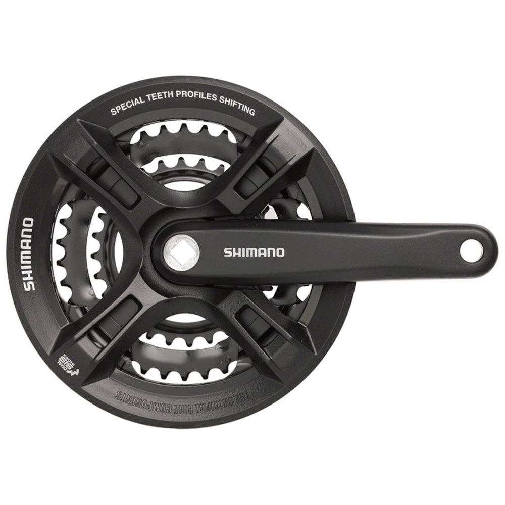 Shimano FC-M311-L black crankset with triple chainrings and chain guard for 7/8-speed bikes