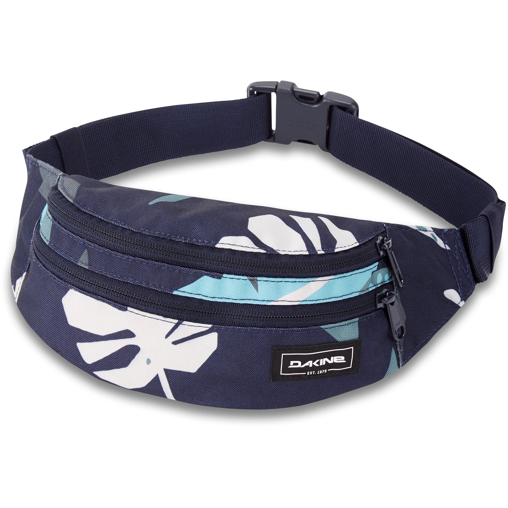 Dakine navy hip pack with tropical leaf print and adjustable waist strap