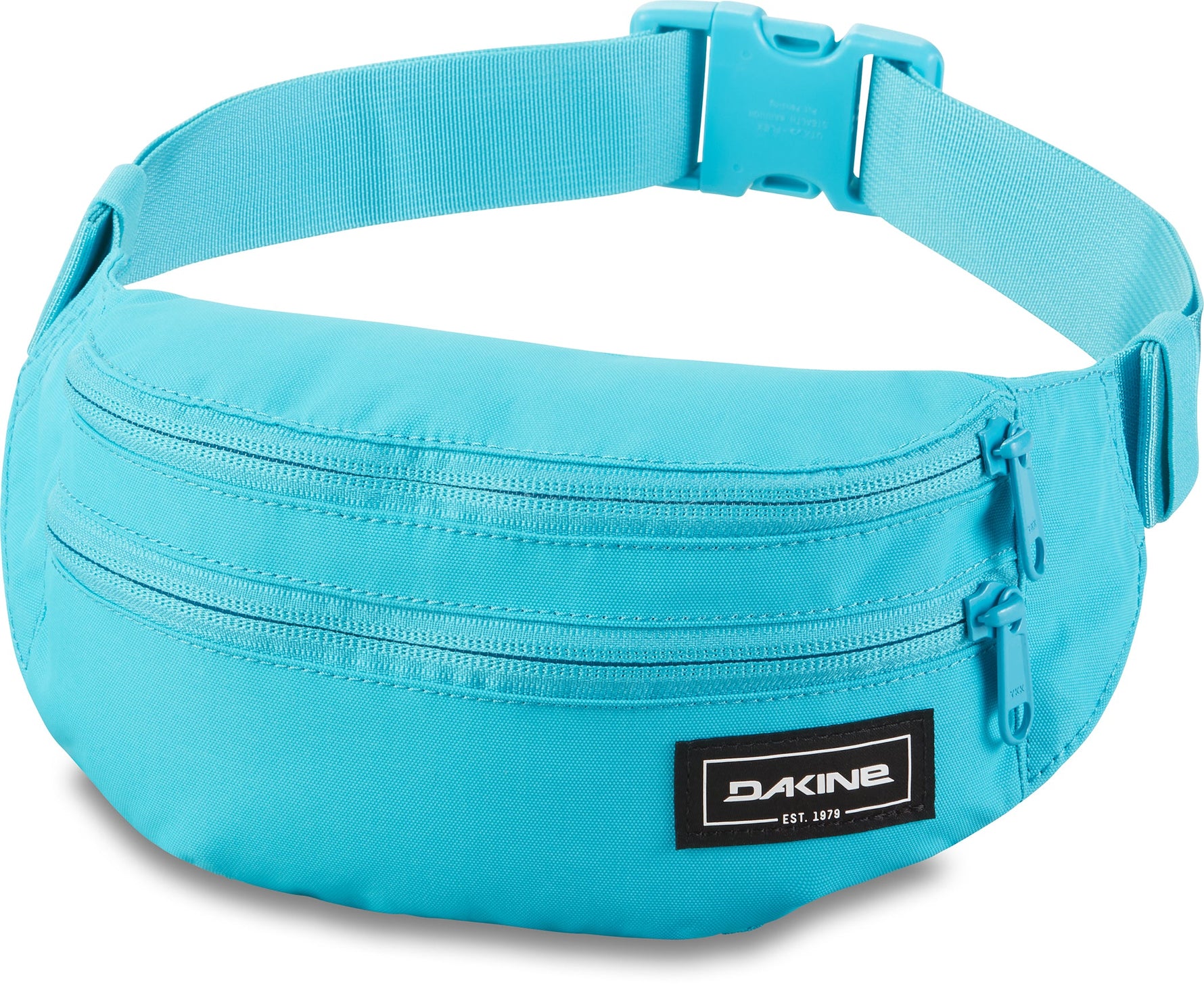 Dakine turquoise hip pack with multiple zippered compartments and adjustable waist strap