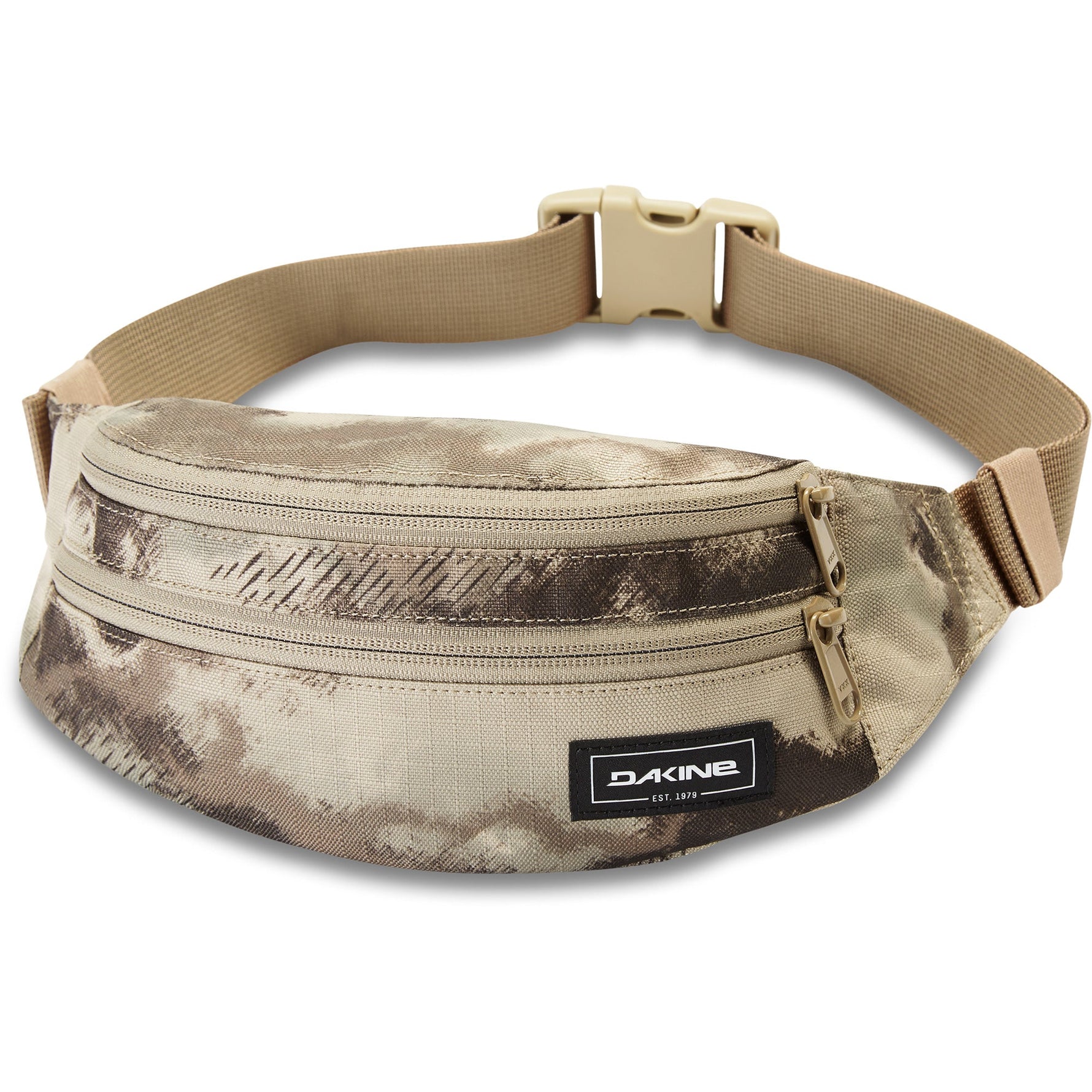 Dakine hip pack in desert camouflage pattern with adjustable tan strap