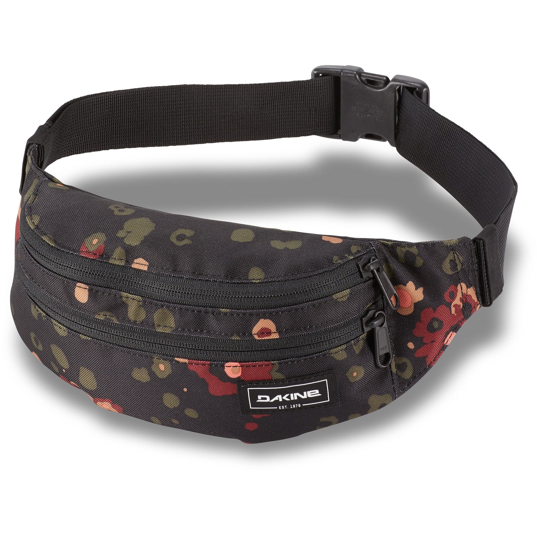 Dakine hip pack with black background and colorful floral pattern design