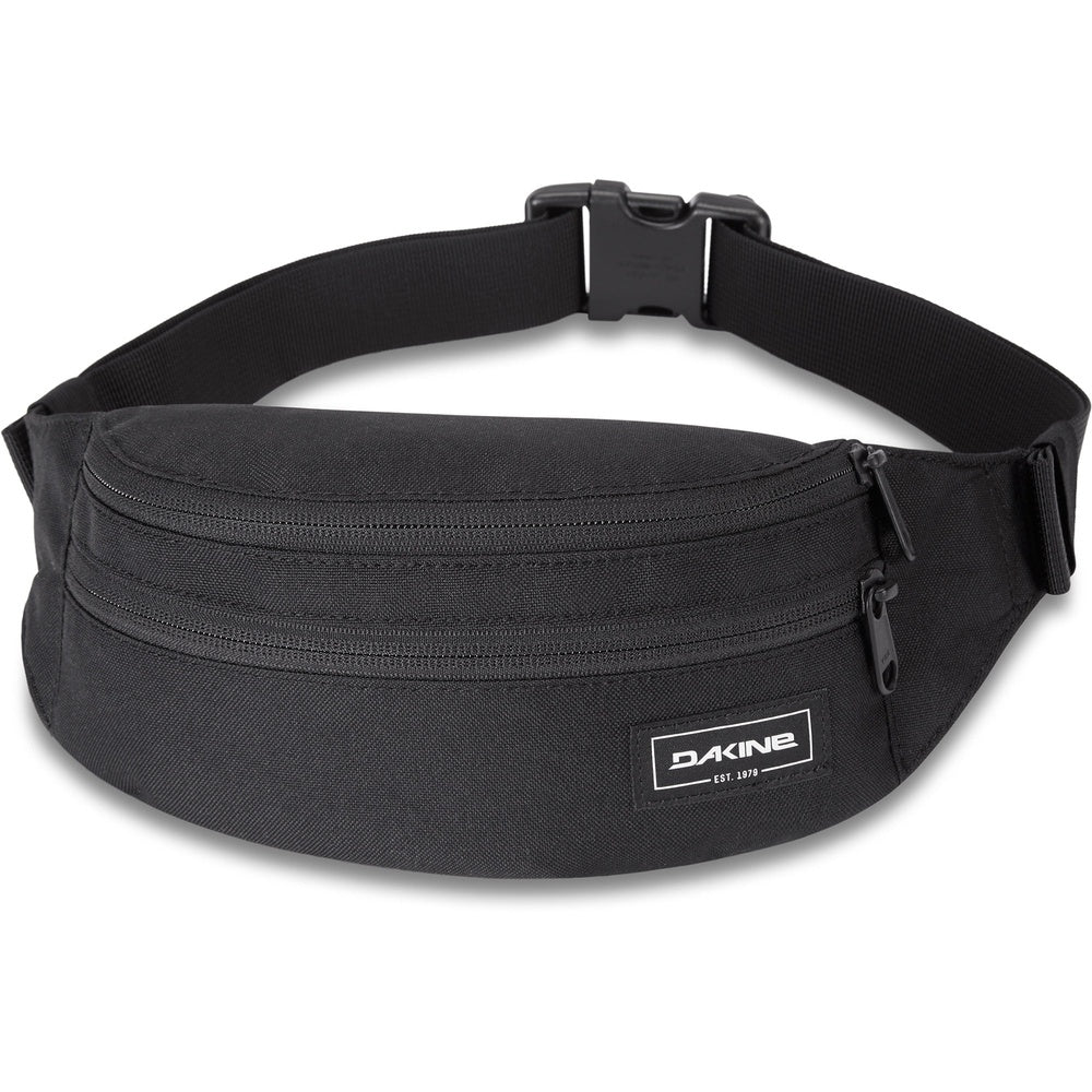 Black Dakine hip pack with adjustable waist strap and zippered compartments