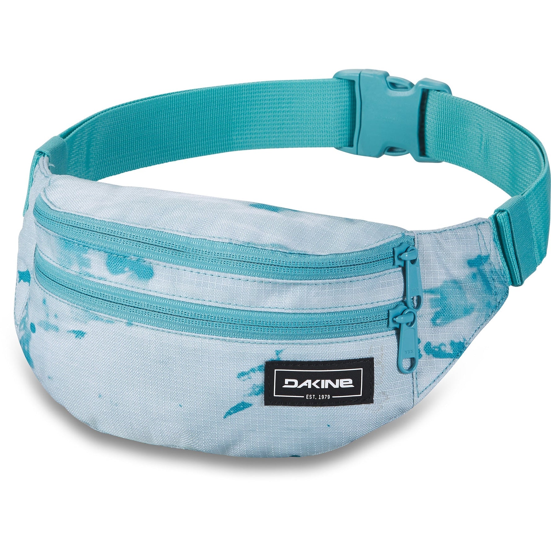 Dakine hip pack in light blue tie-dye pattern with turquoise strap