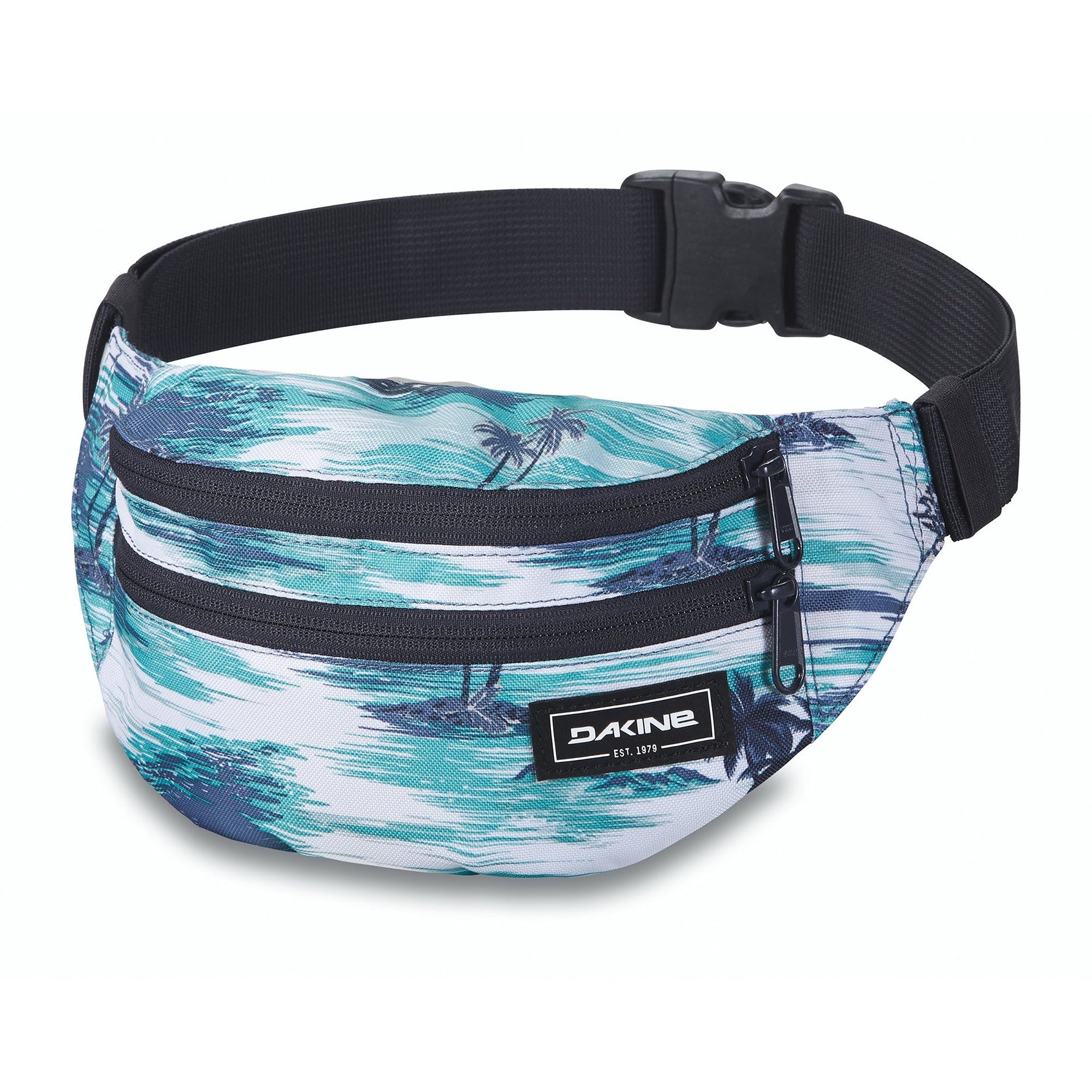Dakine hip pack with tropical palm tree pattern in teal and blue