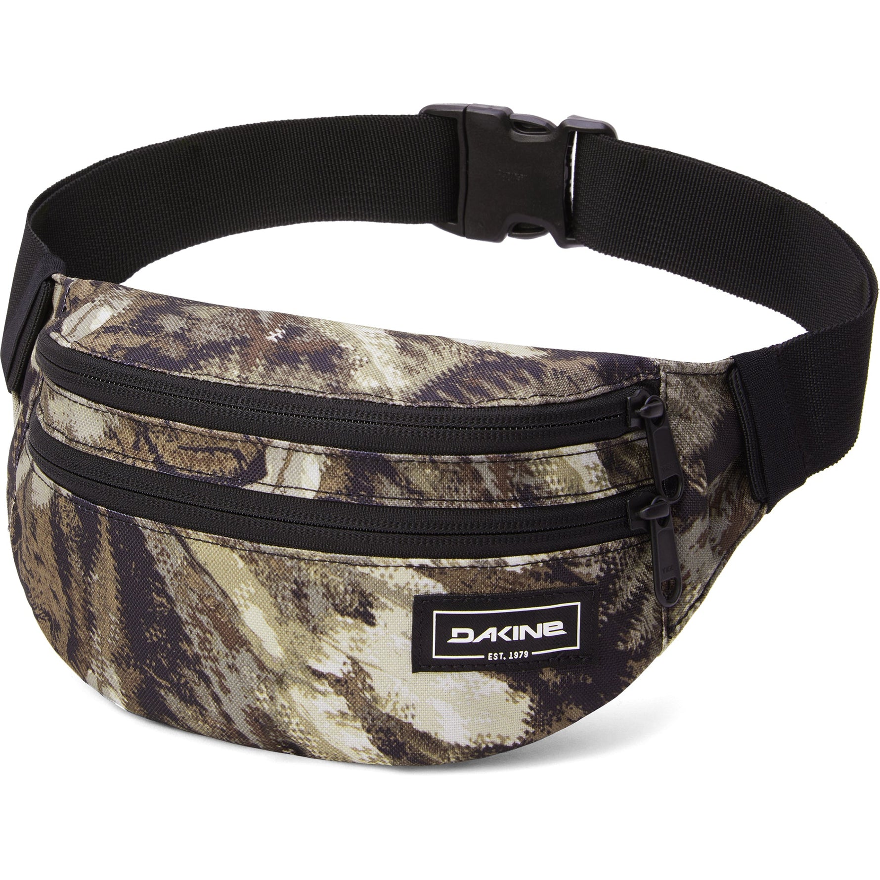 Dakine camouflage hip pack with black strap and multiple zip compartments