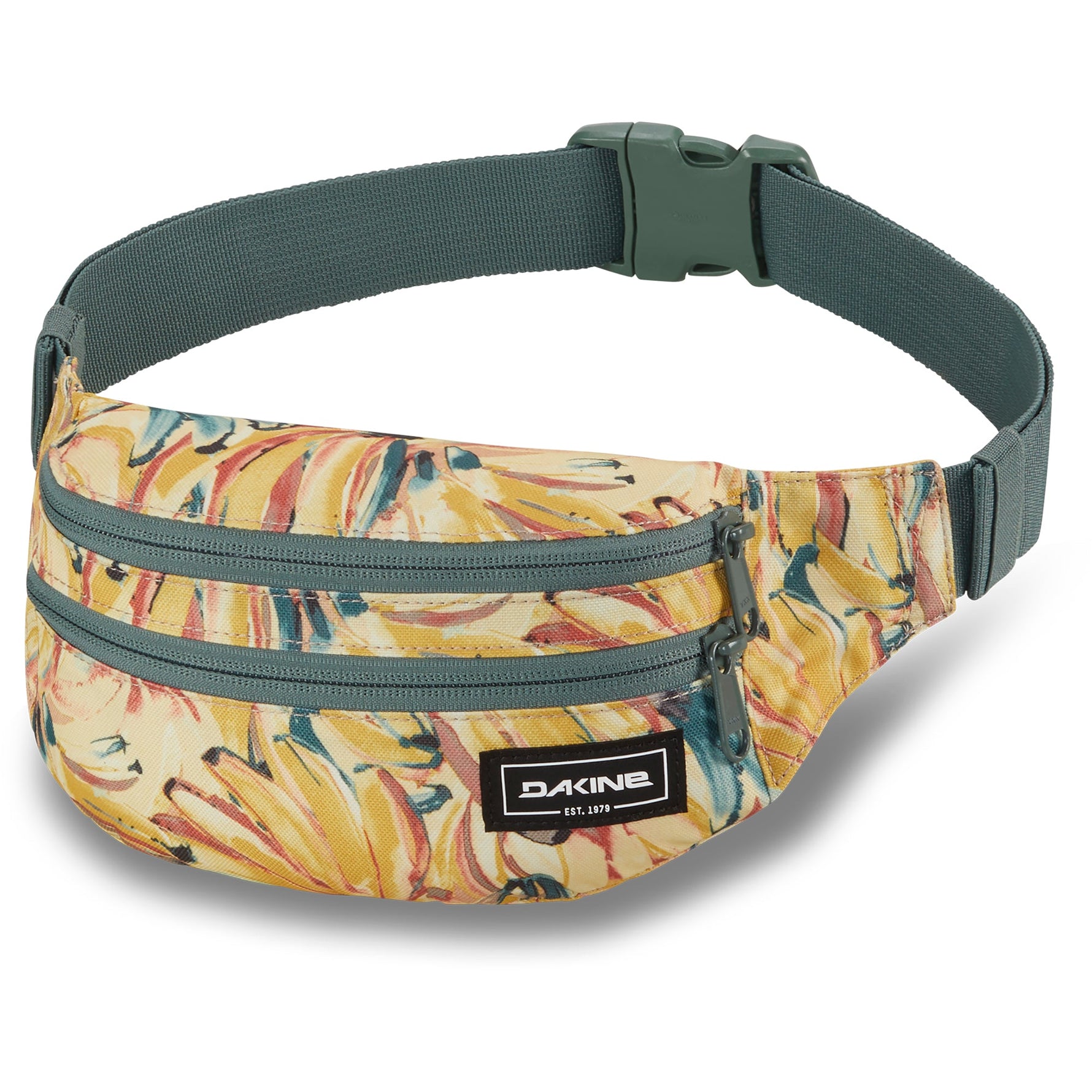 Dakine hip pack with tropical floral pattern and green adjustable waist strap