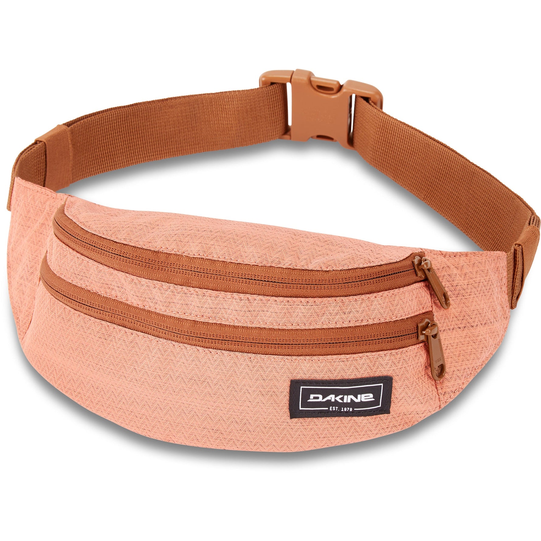 Dakine coral pink hip pack with three zippered compartments and adjustable strap