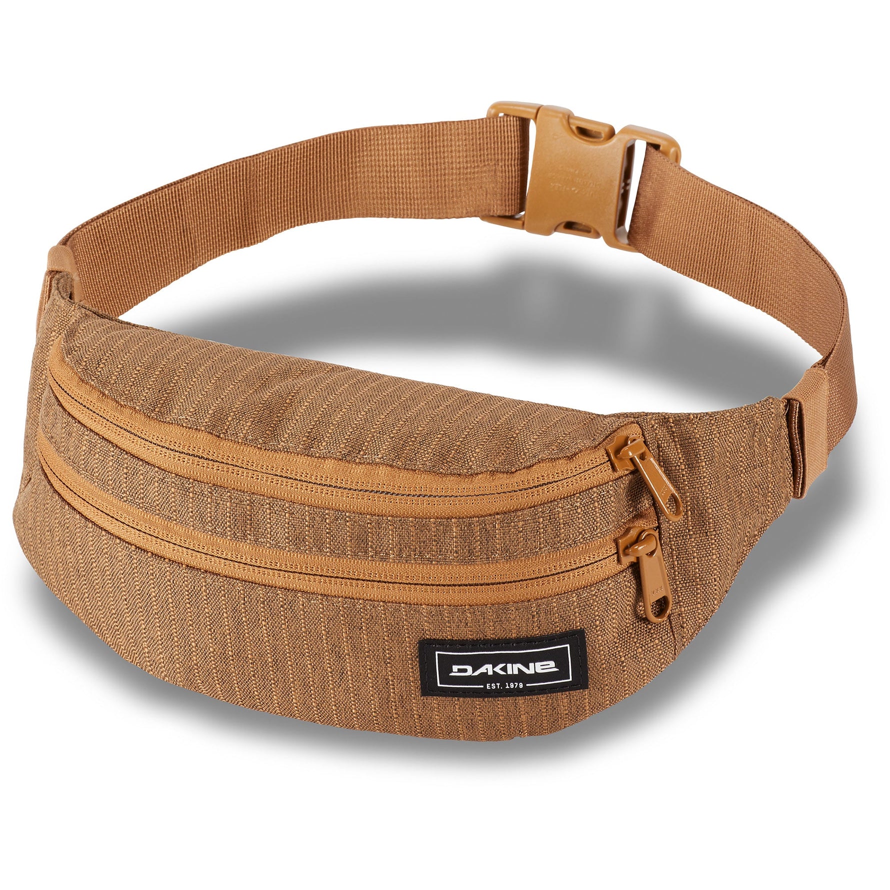 Dakine brown canvas hip pack with multiple zip compartments and adjustable strap
