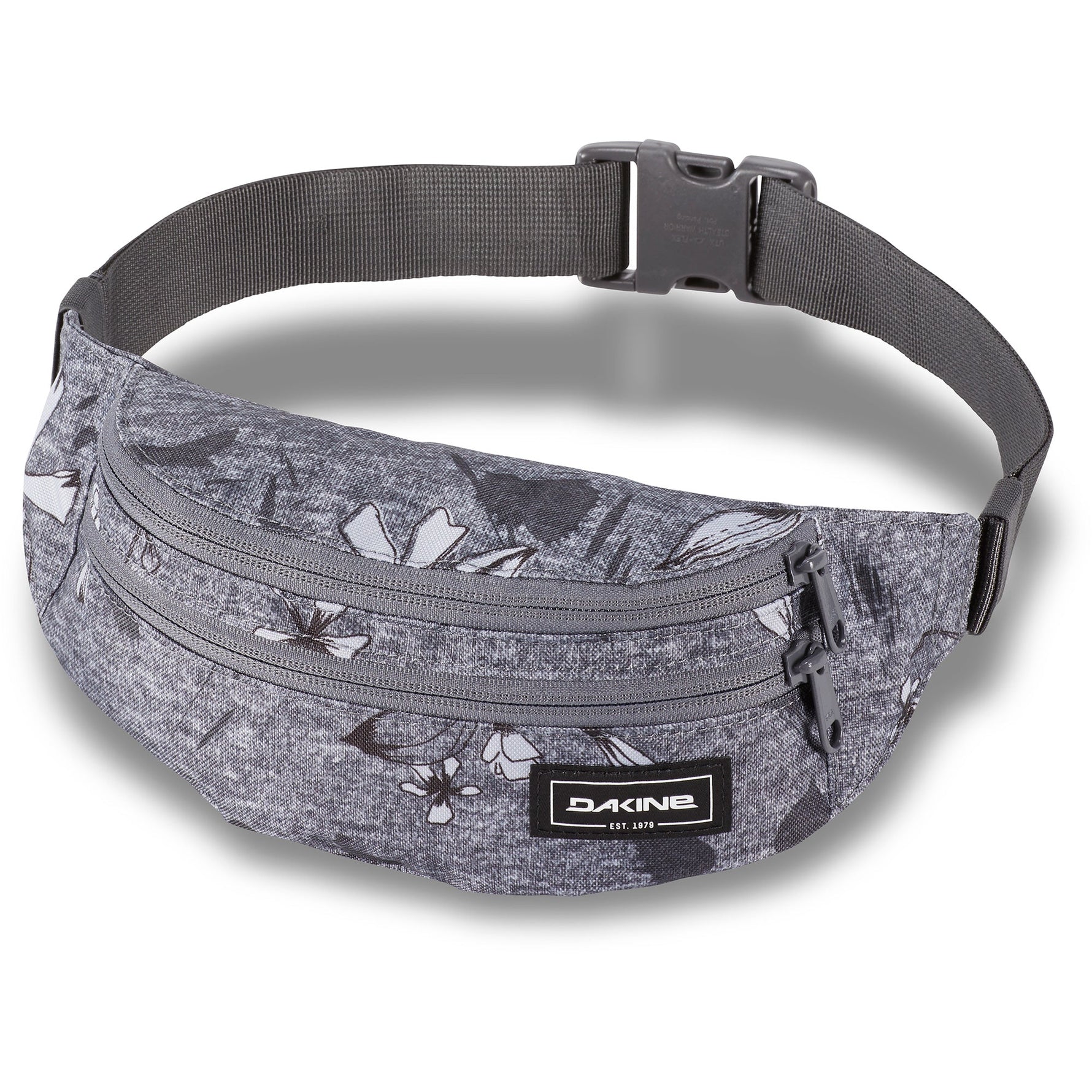 Dakine gray hip pack with white floral pattern and adjustable waist strap