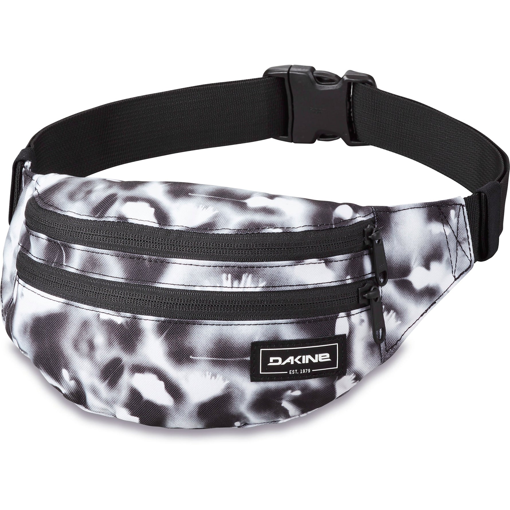 Dakine Classic Hip Pack in black and white reflective tie-dye pattern with adjustable strap