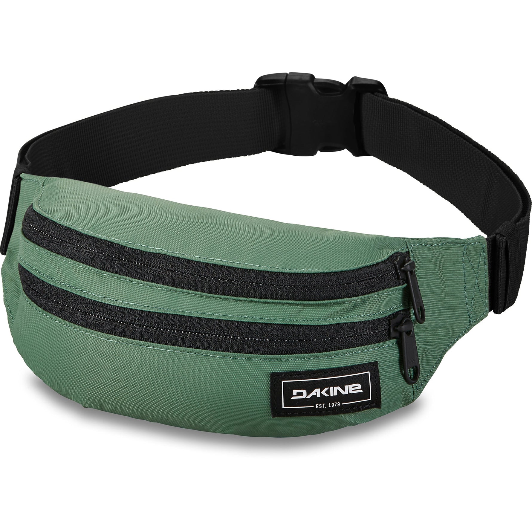 Dakine sage green hip pack with black adjustable strap and multiple zippered compartments